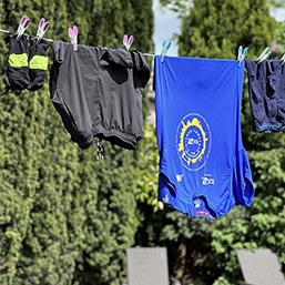 Clothes hanging on a line in a garden, including a blue shirt and black shorts.