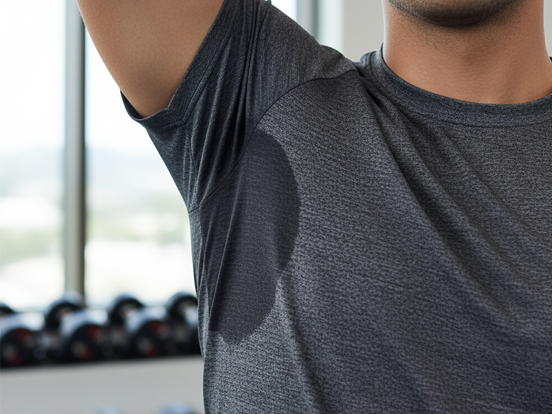 Person in a gray shirt with a sweat stain under the arm.