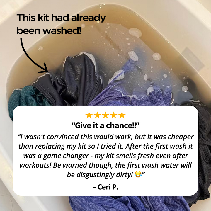Athletic wear soaking in a basin of dirty water, with an overlay of a positive customer testimonial.