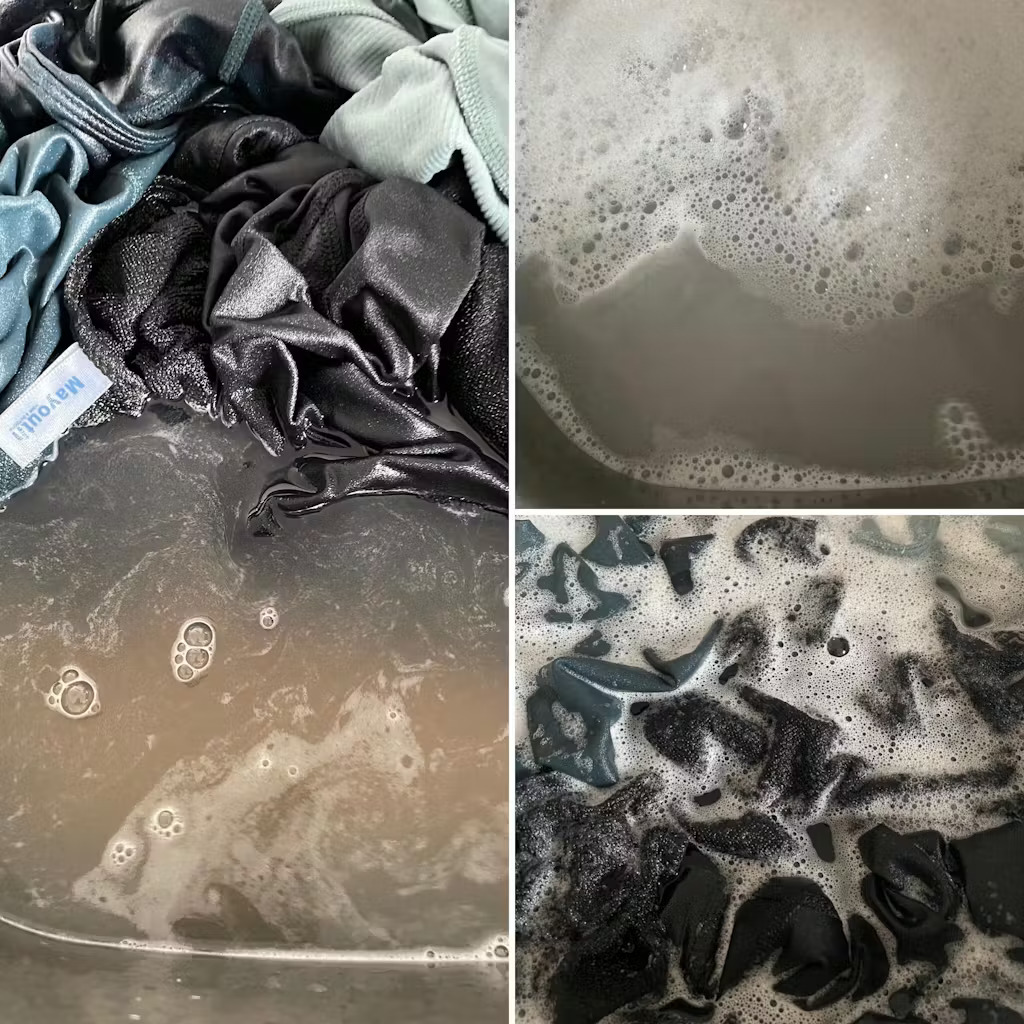 Collage of clothes soaking in soapy water with visible bubbles.