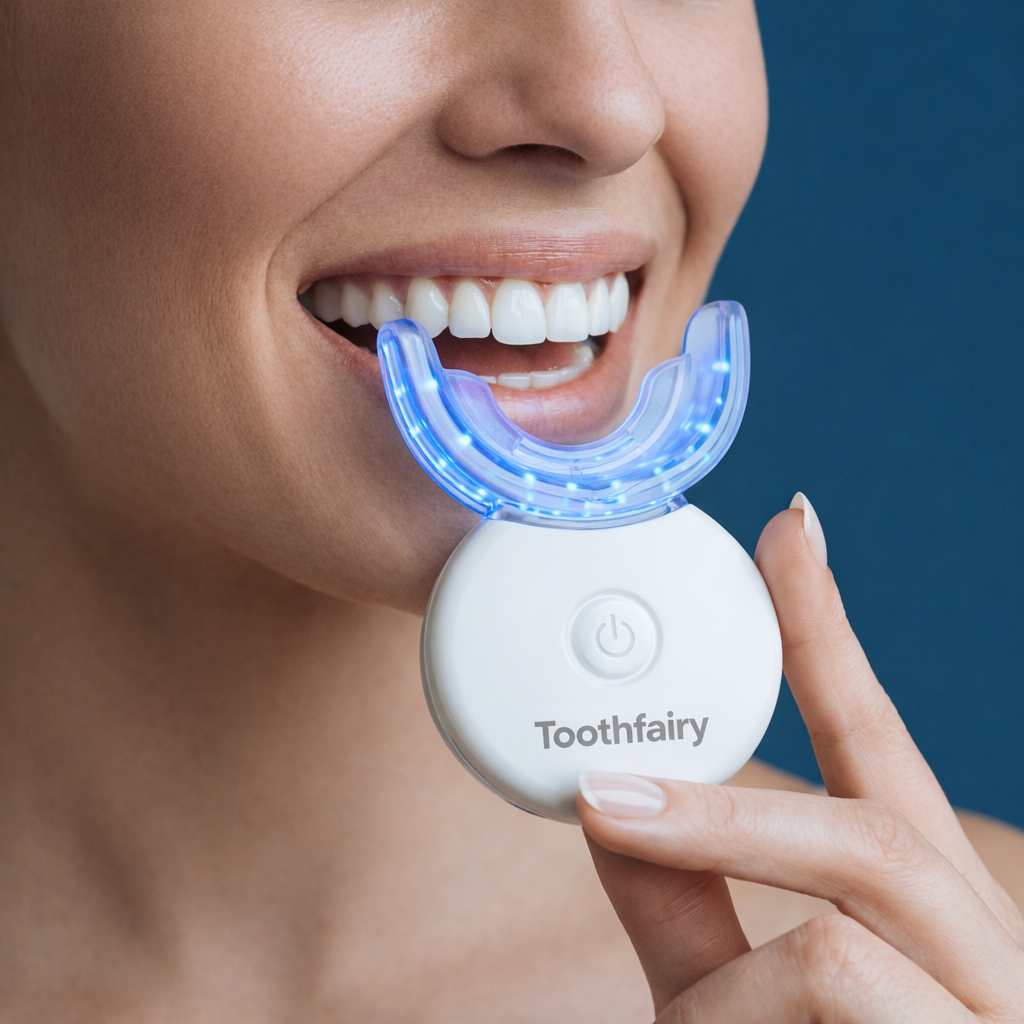 A smiling woman using a Toothfairy brand teeth whitening device with a glowing blue light mouthpiece.