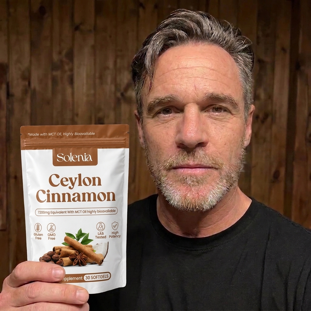 A middle-aged man with a goatee holds up a pouch of Solenia Ceylon Cinnamon supplements.