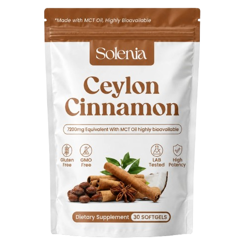 A white and brown pouch of Solenia Ceylon Cinnamon dietary supplement, 30 softgels, with cinnamon sticks.