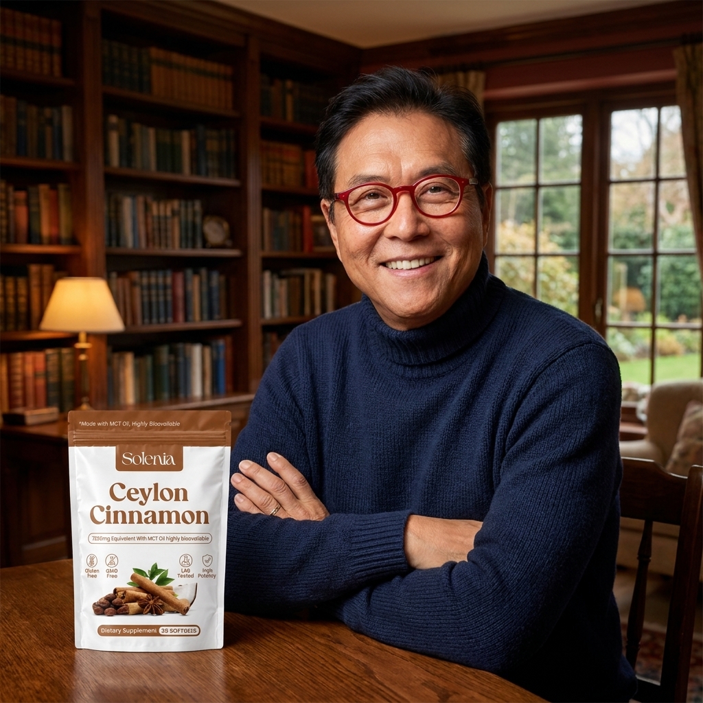 A smiling man in a blue turtleneck sits at a table with a pouch of Solenia Ceylon Cinnamon.