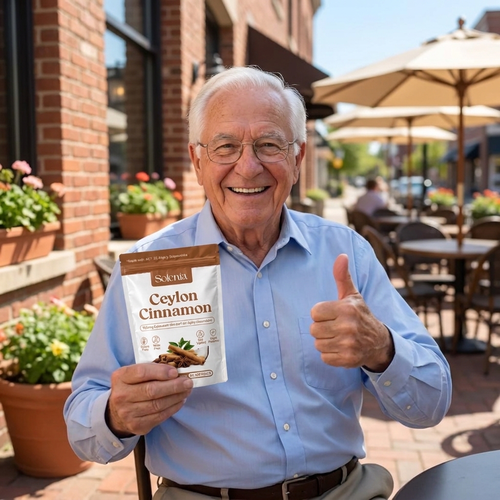 A smiling elderly man holds a pouch of Ceylon Cinnamon and gives a thumbs-up outdoors.