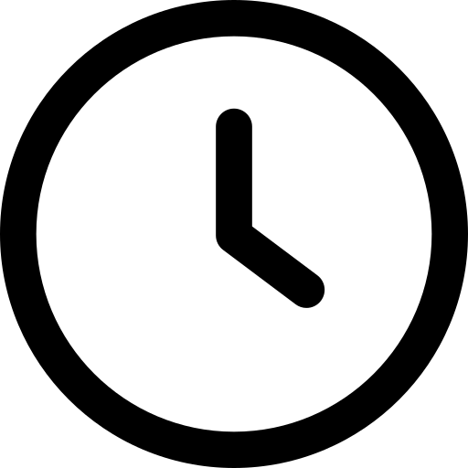A simple black icon of an analog clock with a circular face and two hands, on a white background.