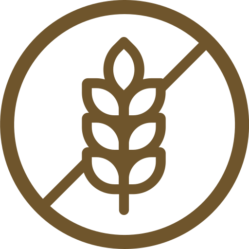 A brown icon of a wheat stalk inside a circle with a diagonal line through it, signifying gluten-free.