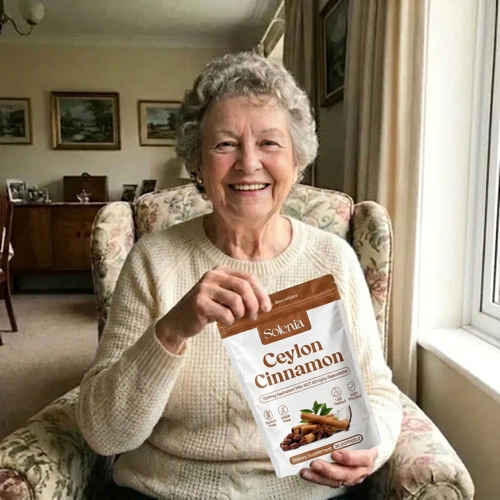 A smiling elderly woman sits in a chair holding a pouch of Solenia Ceylon Cinnamon dietary supplement.