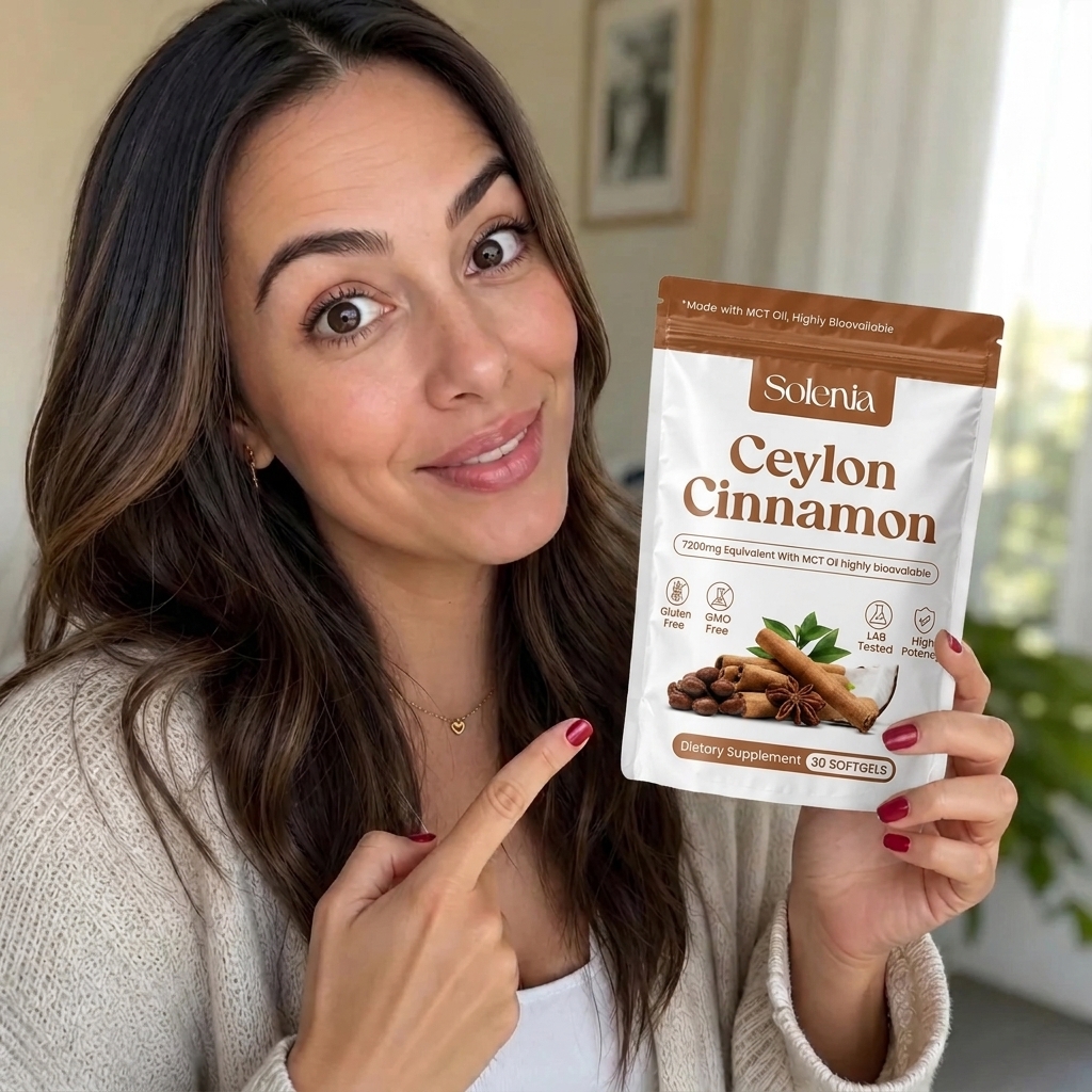 A smiling woman holds and points to a white and brown pouch of Solenia Ceylon Cinnamon supplements.