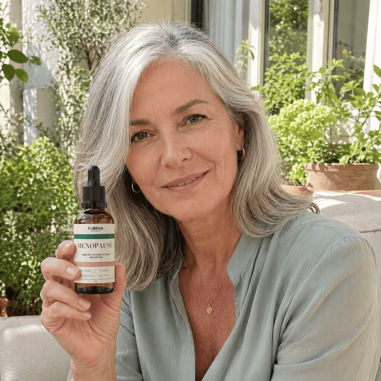 A smiling woman with long grey hair holds up a small dropper bottle labeled 'Menopause.'