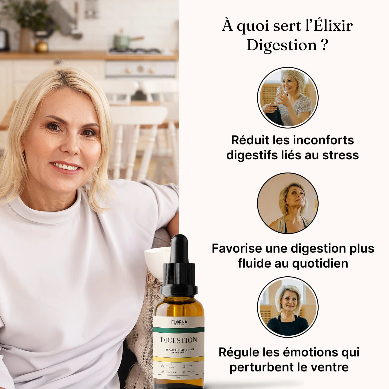 Promotional image for a digestion elixir featuring a woman and text in French explaining its benefits.