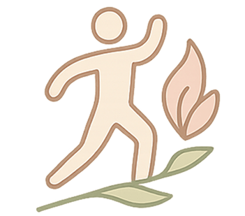 Stylized figure walking with leaves and a flame-like shape.