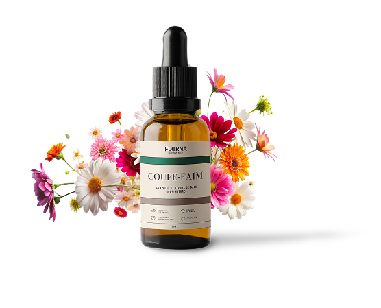 A brown dropper bottle of Florna Coupe-Faim is set against a backdrop of colorful flowers on a white background.