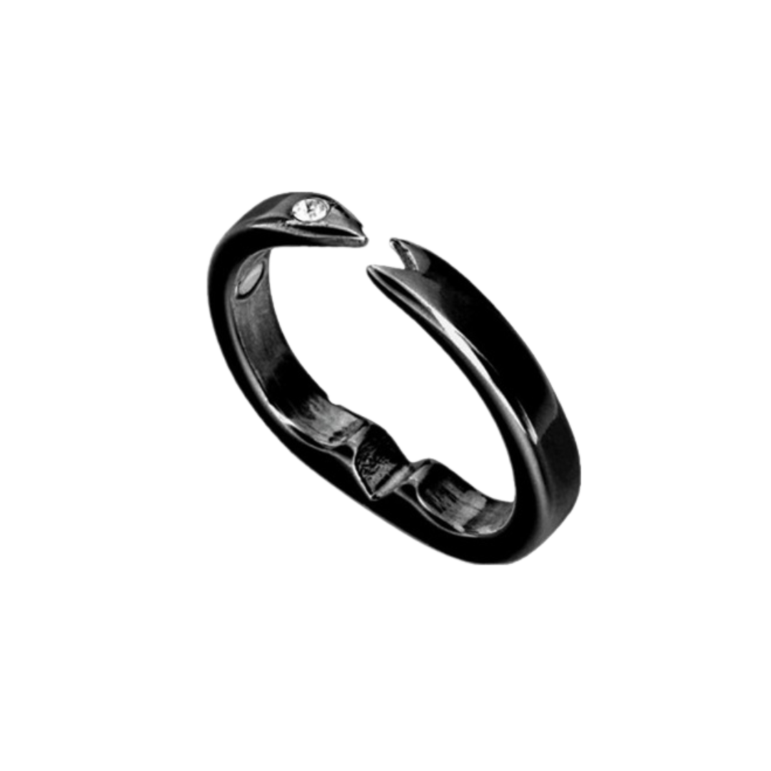 A black, open-ended ring in the shape of a snake with a single small diamond in its head.