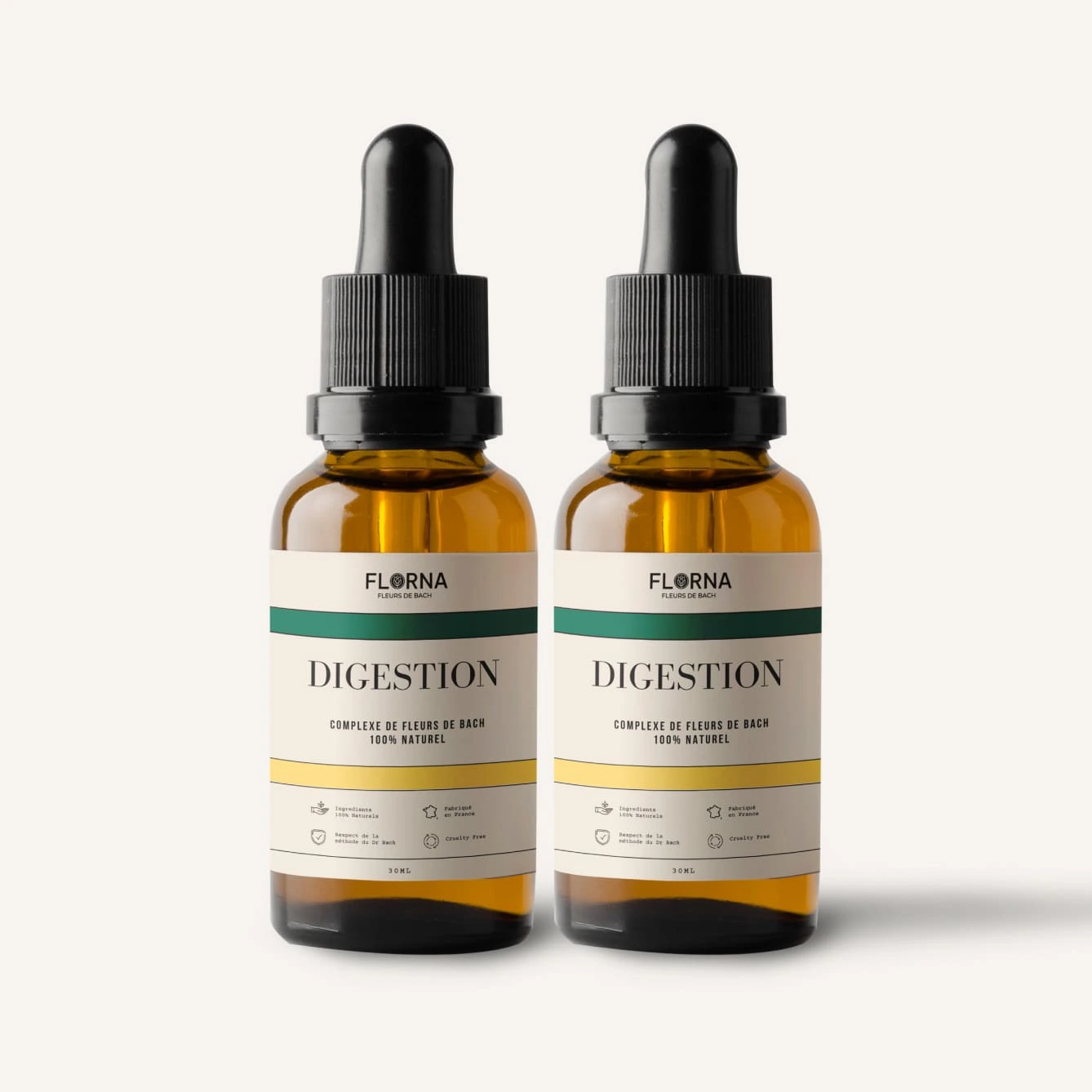 Two identical amber glass dropper bottles of Florna Digestion supplement against a plain background.