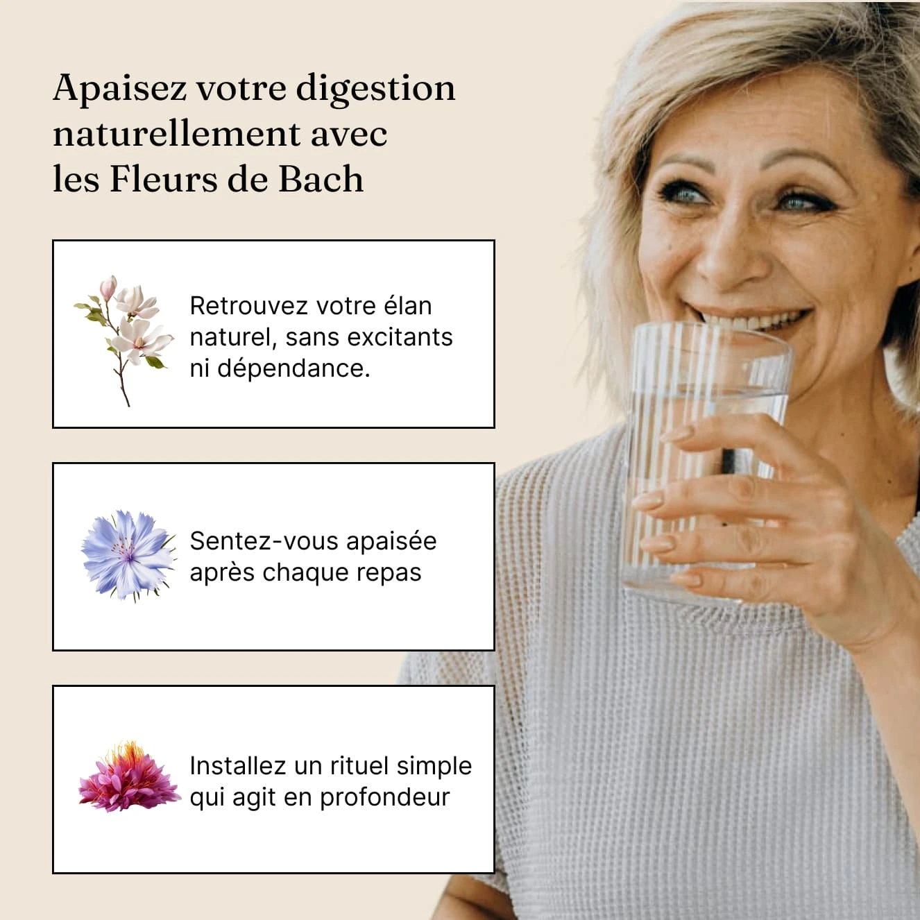 A smiling woman holds a glass of water next to French text and images of flowers.