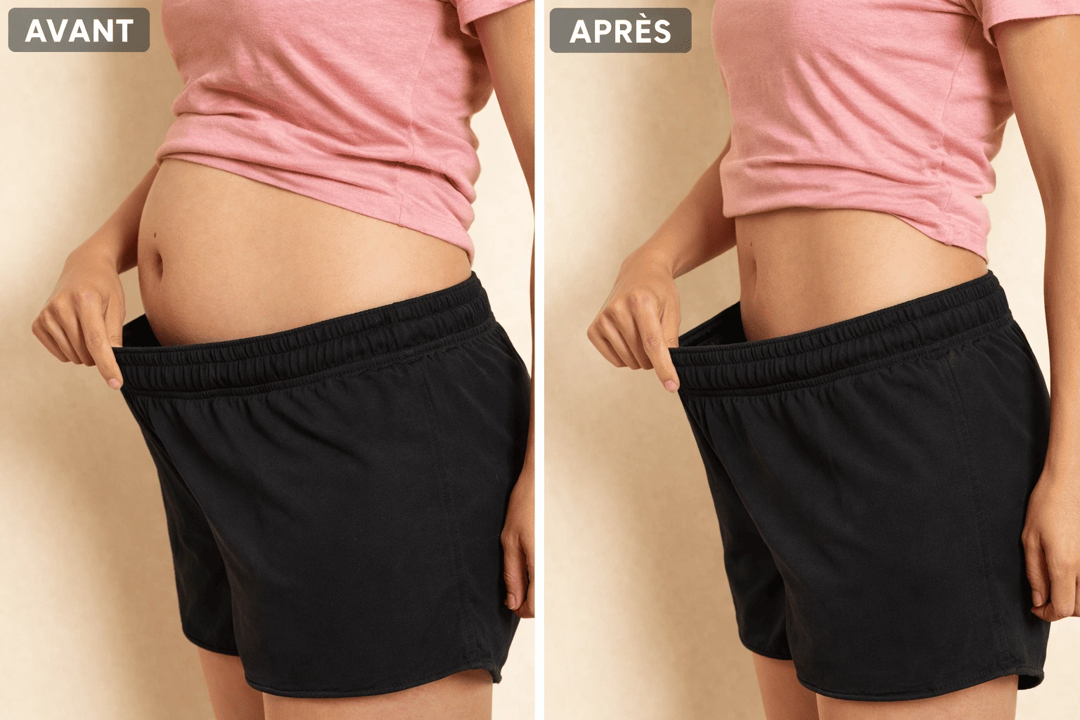 A before and after comparison of a woman's midsection, showing a flatter stomach in the second image.