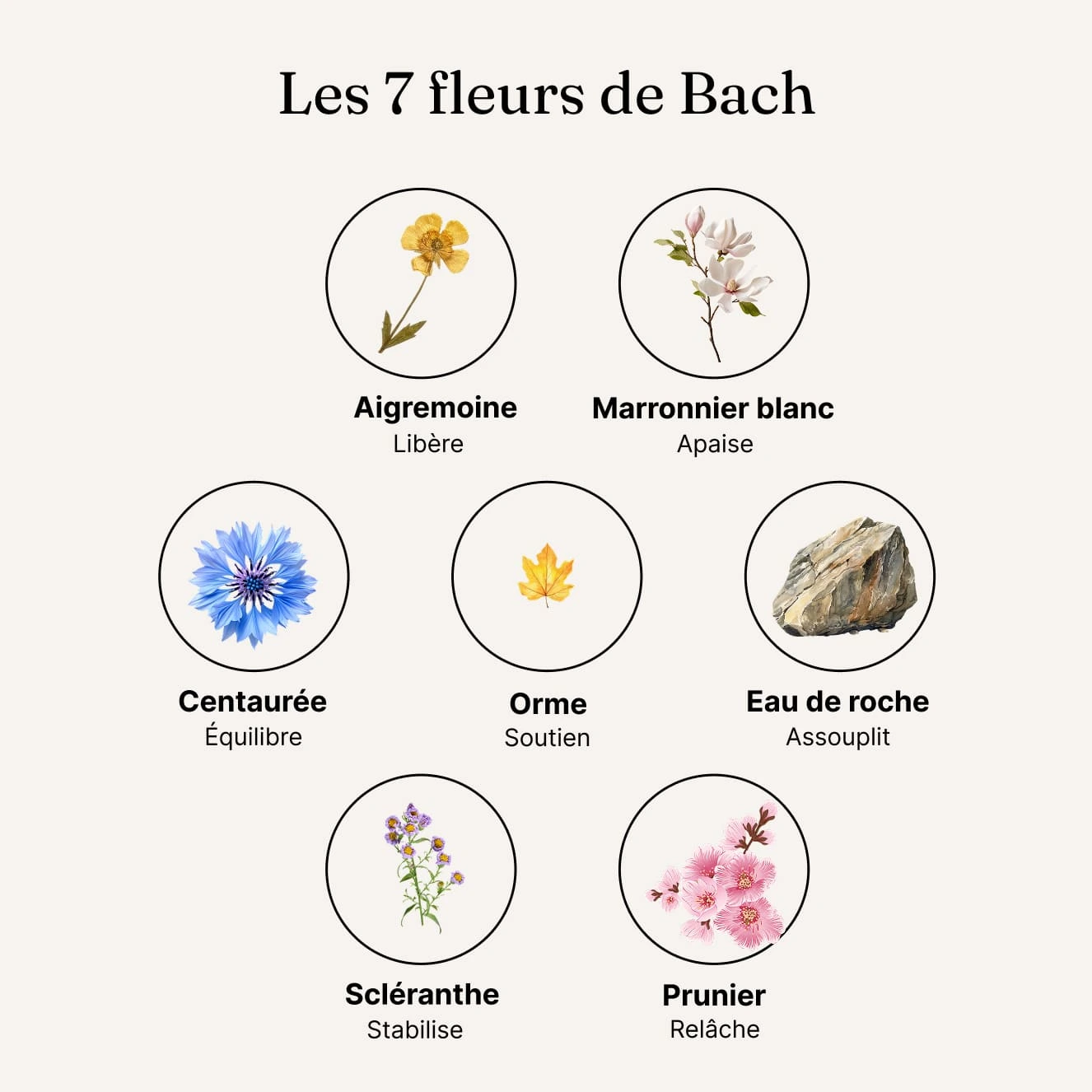 An infographic titled 'Les 7 fleurs de Bach,' showing seven circular illustrations of flowers, a leaf, and a rock.