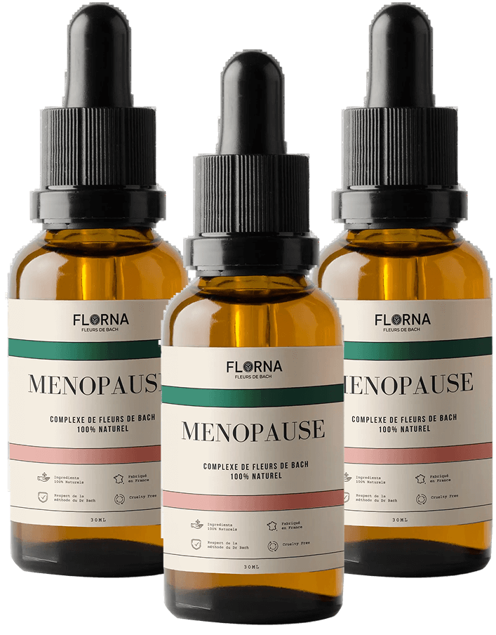 Three amber glass dropper bottles of Florna Menopause, a Bach flower complex, against a green background.