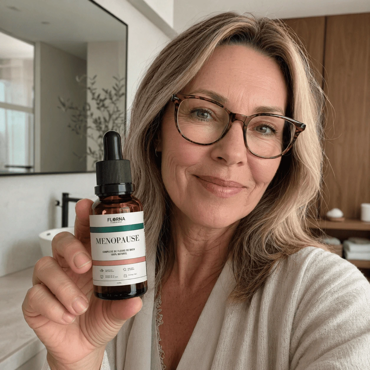 A smiling woman with glasses holds up a bottle of Florna Menopause tincture in a bathroom.