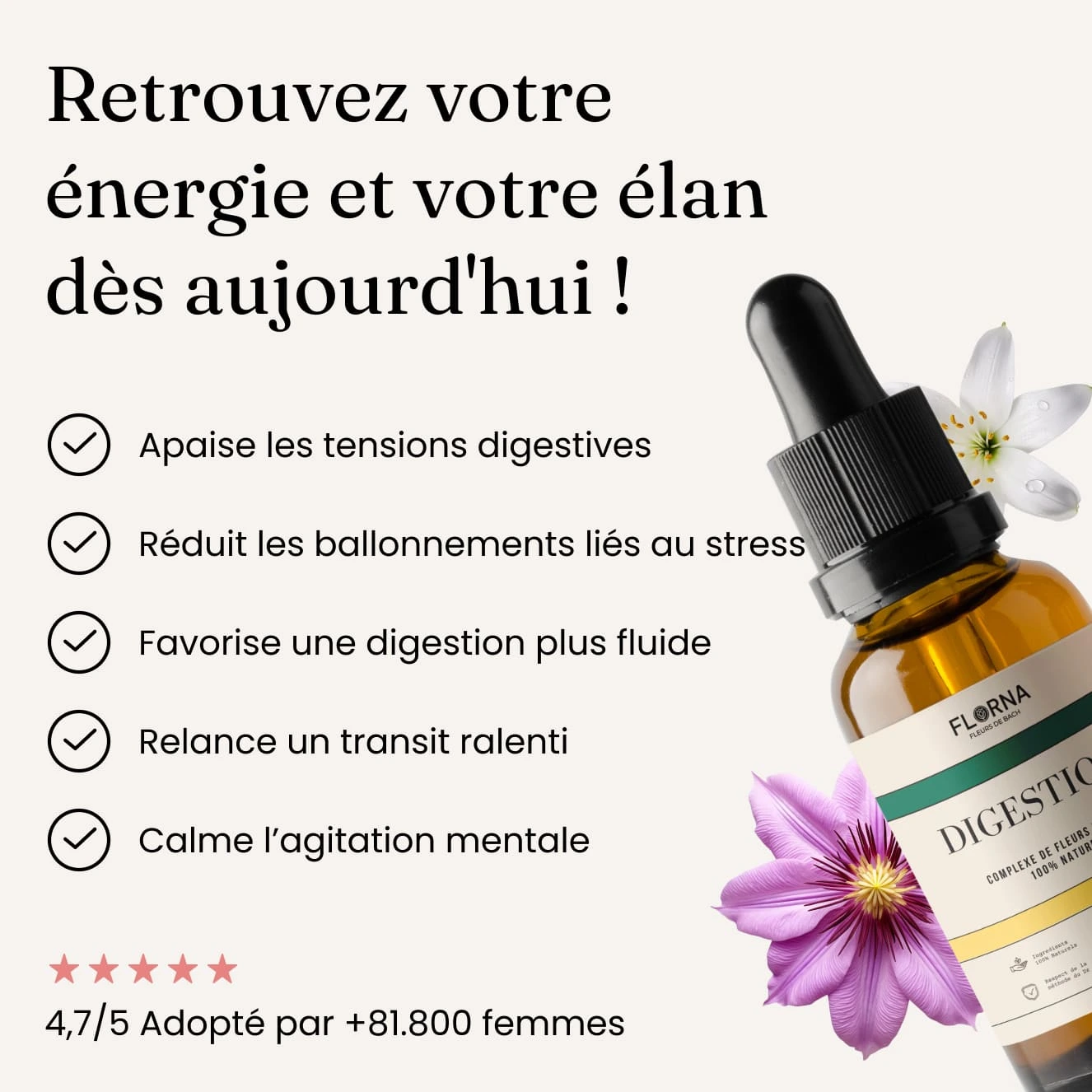 A dropper bottle of Florna Digestion surrounded by flowers, next to a list of benefits in French.