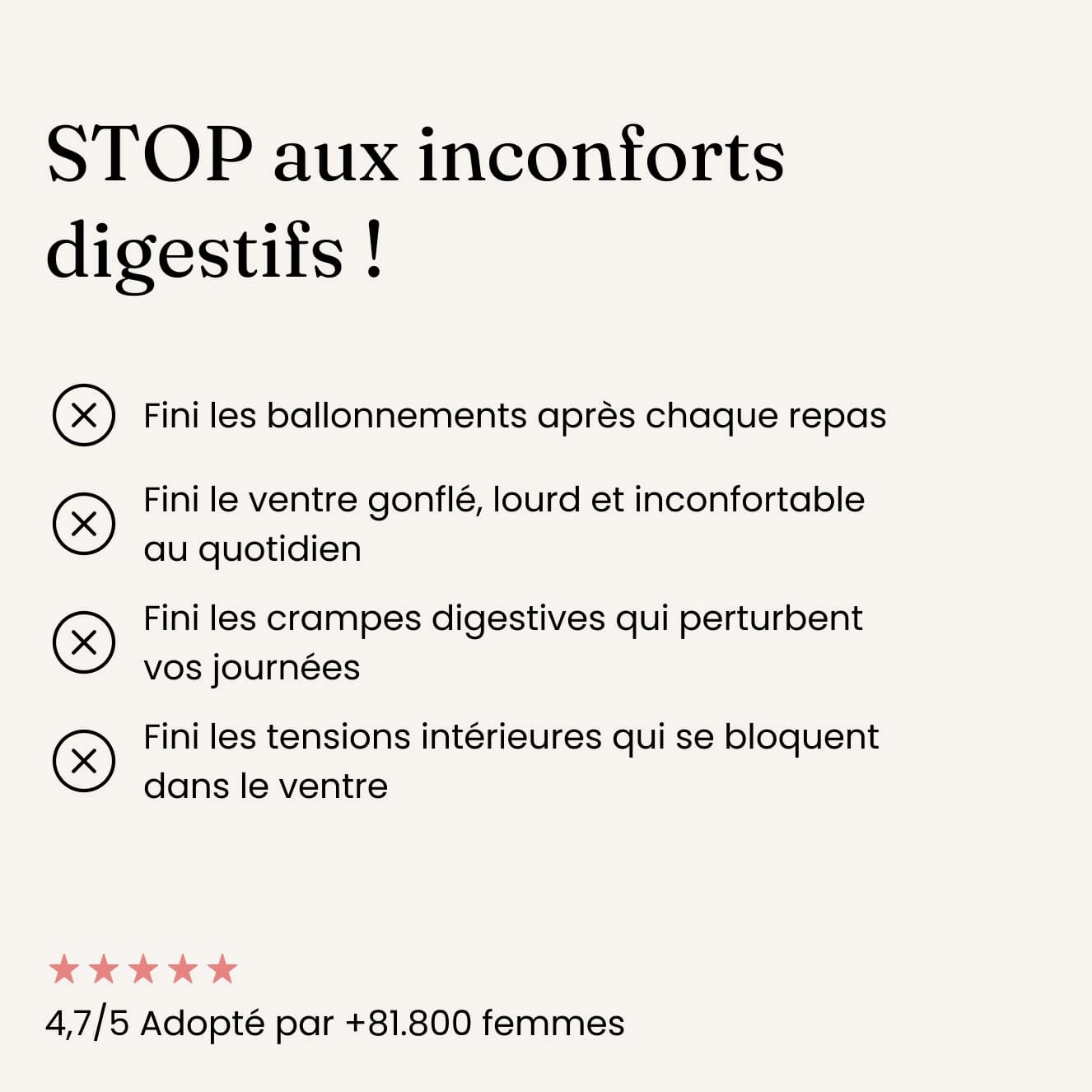 An advertisement in French listing the benefits of a product for digestive discomfort, with a high customer rating.