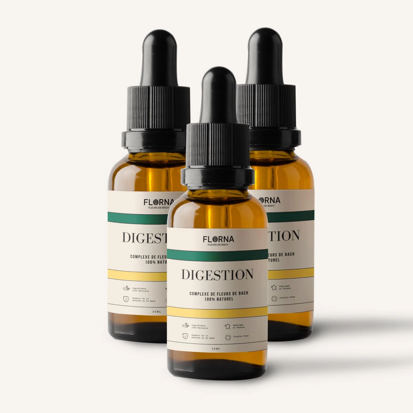 Three amber glass dropper bottles of Florna Digestion supplement arranged on a plain off-white background.
