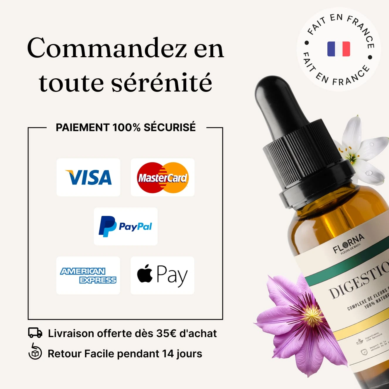 An advertisement showing secure payment options, a 'Made in France' stamp, and a product bottle with flowers.