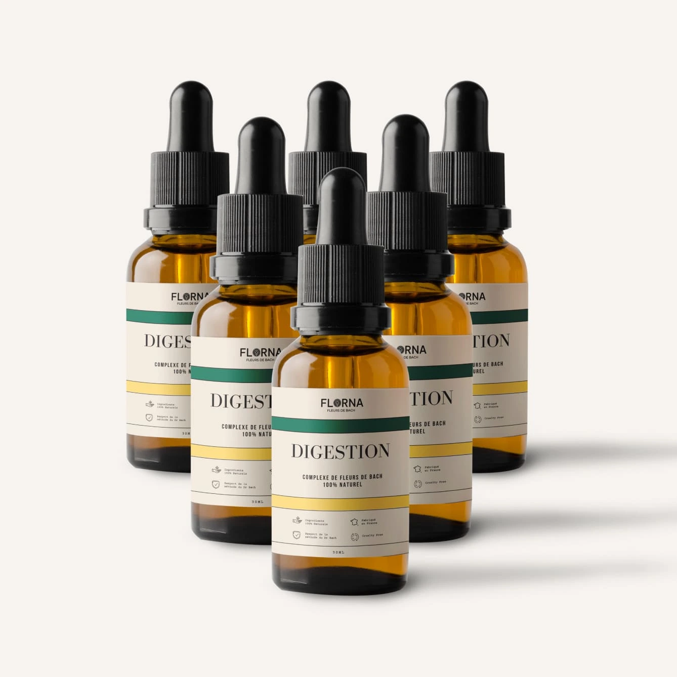 Six amber glass dropper bottles with black tops, labeled 'Florna Digestion,' arranged against a white background.