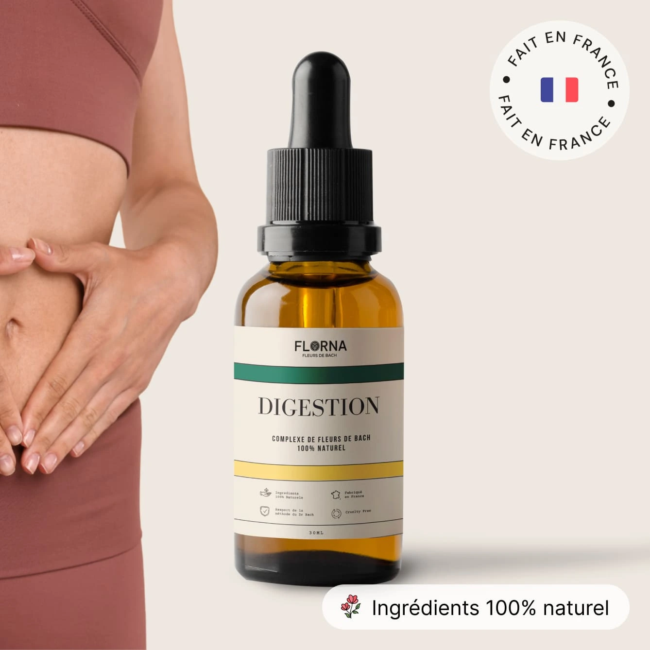 A woman holds her stomach next to a bottle of Florna Digestion supplement.