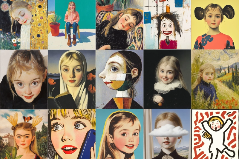 Collage of girls in various artistic styles, featuring vivid colors and diverse expressions.