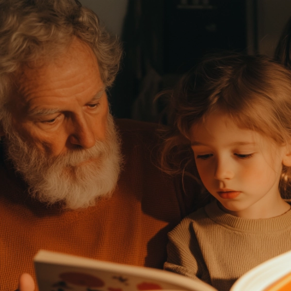 A grandfather and child reading a book together in warm lighting.