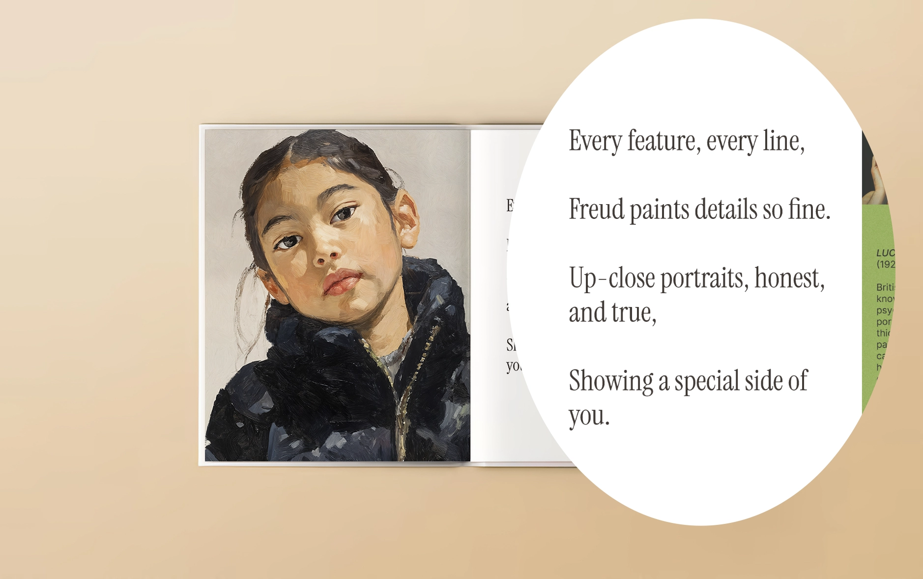 Open book with a portrait of a child and text on the right page.