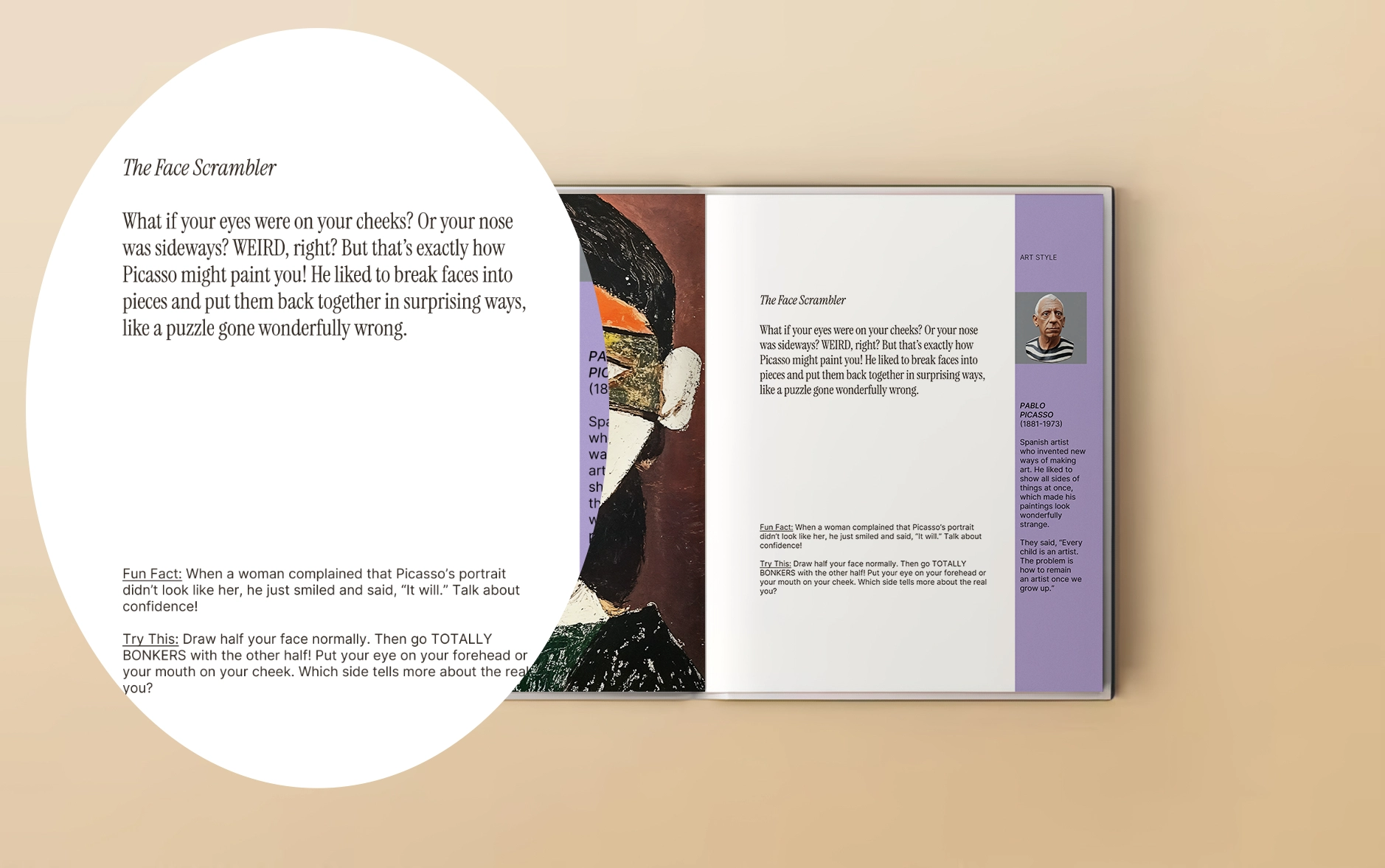 Open book with text about Picasso and abstract face painting.