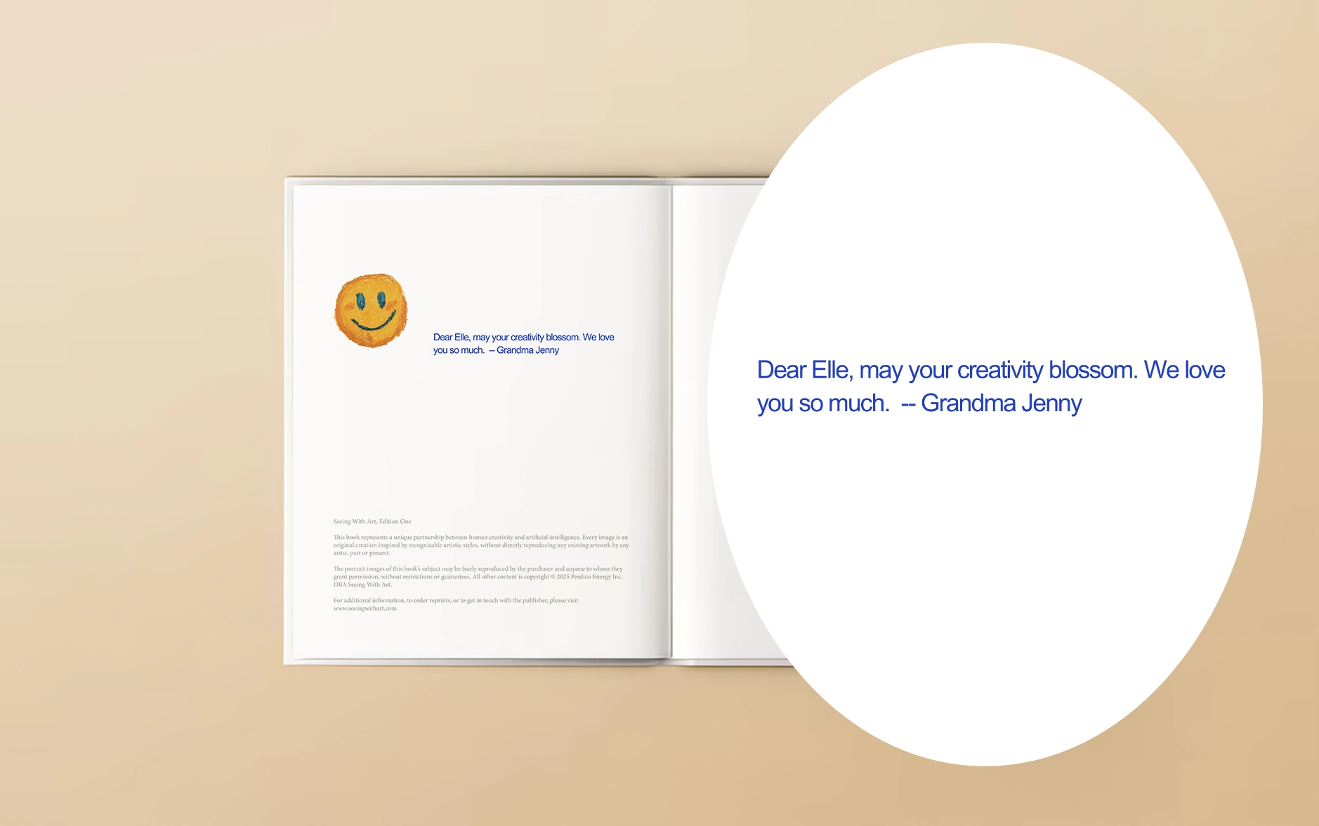 Open book with a smiley face and a message from Grandma Jenny.