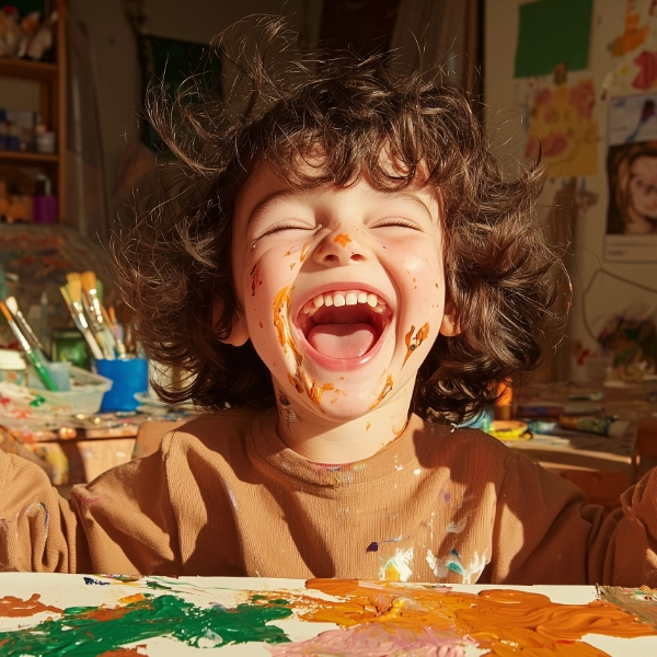 Child joyfully painting with bright colors on face.