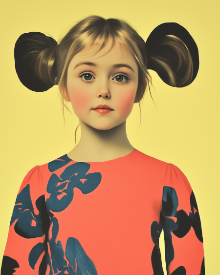 Young girl with pigtails in a floral dress against a yellow background.