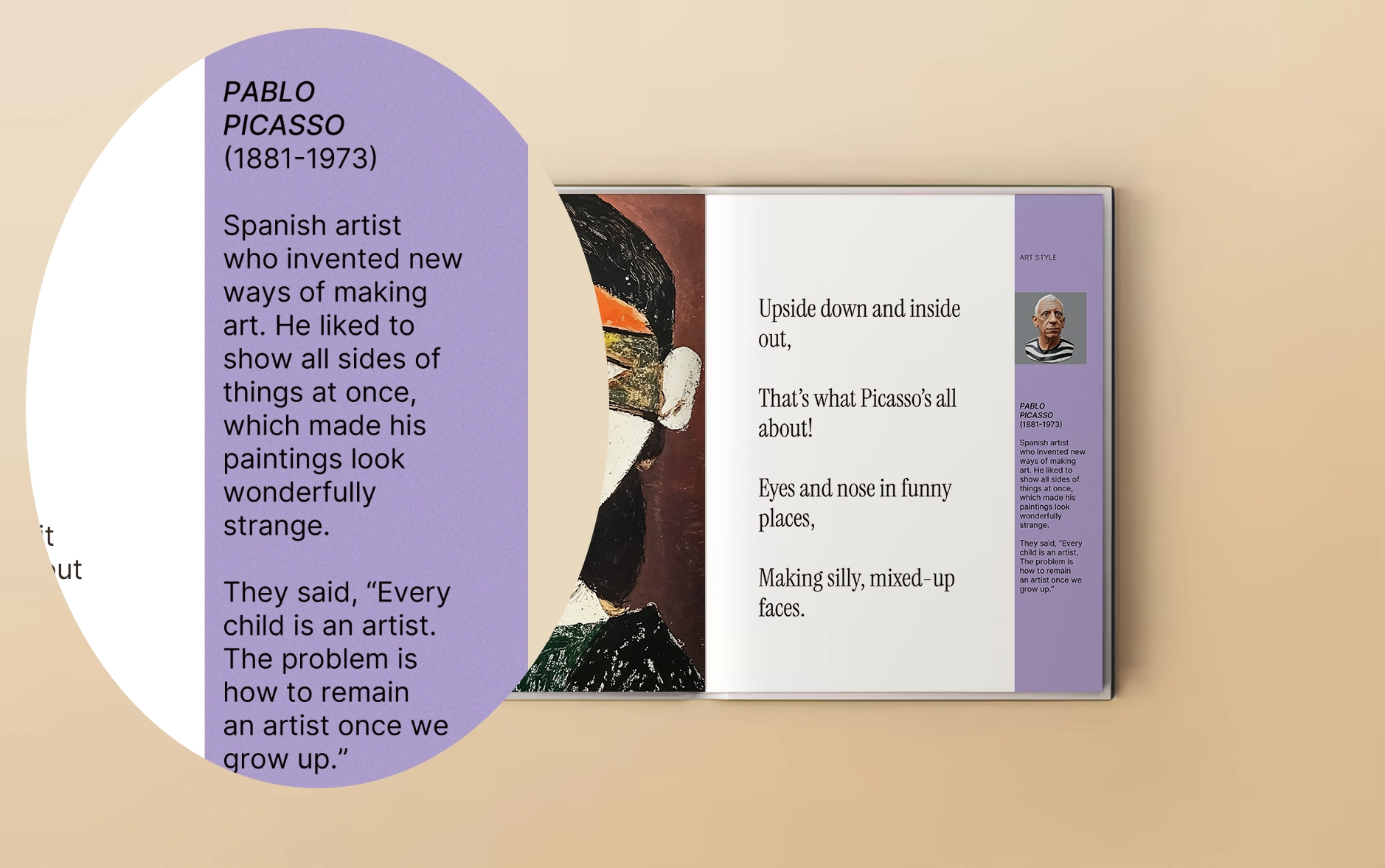 Open book with text about Pablo Picasso and abstract art.