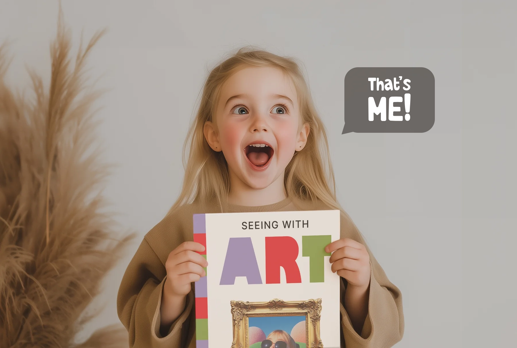 Child holding an art book, excitedly pointing to a picture, with speech bubble saying 'That's ME!'.