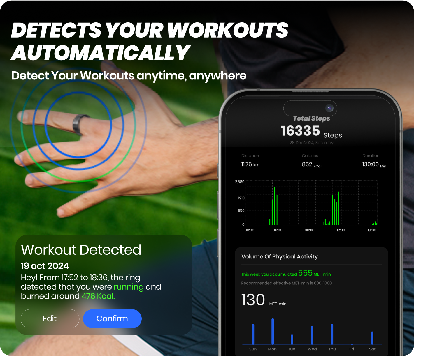 Smart ring detecting workout with smartphone displaying fitness data and graphs.