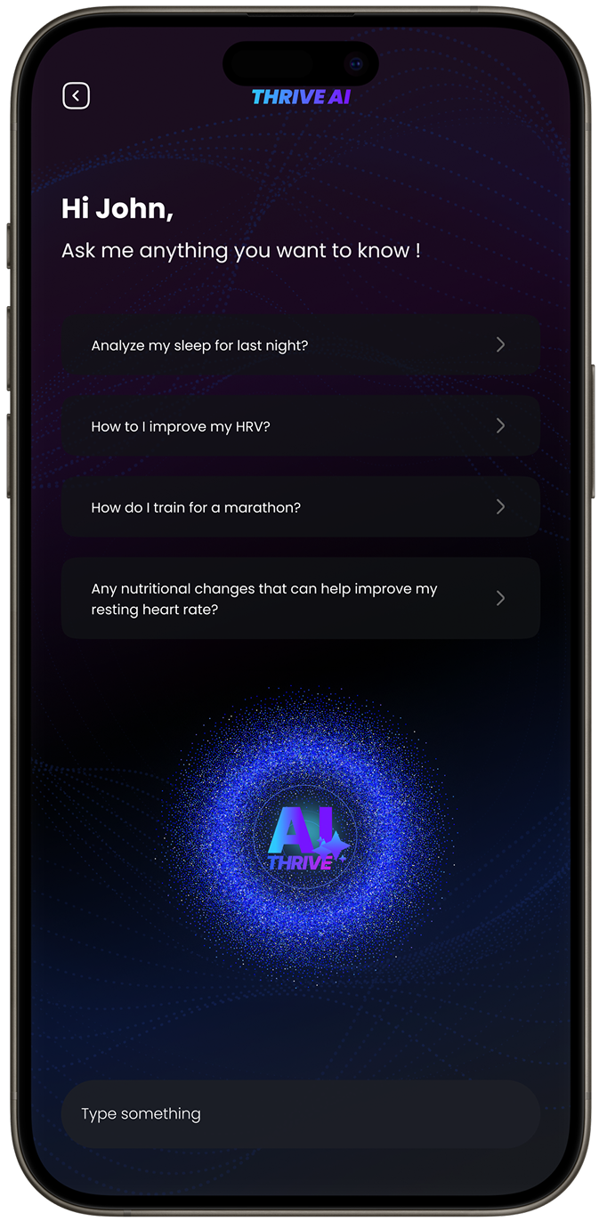 Smartphone screen displaying a health-related AI app interface with questions and a glowing logo.