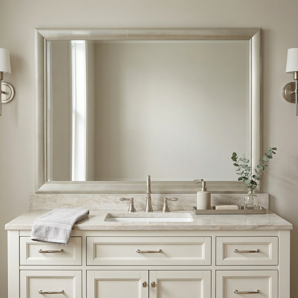 Bathroom vanity with a large mirror, faucet, and eucalyptus in a vase.