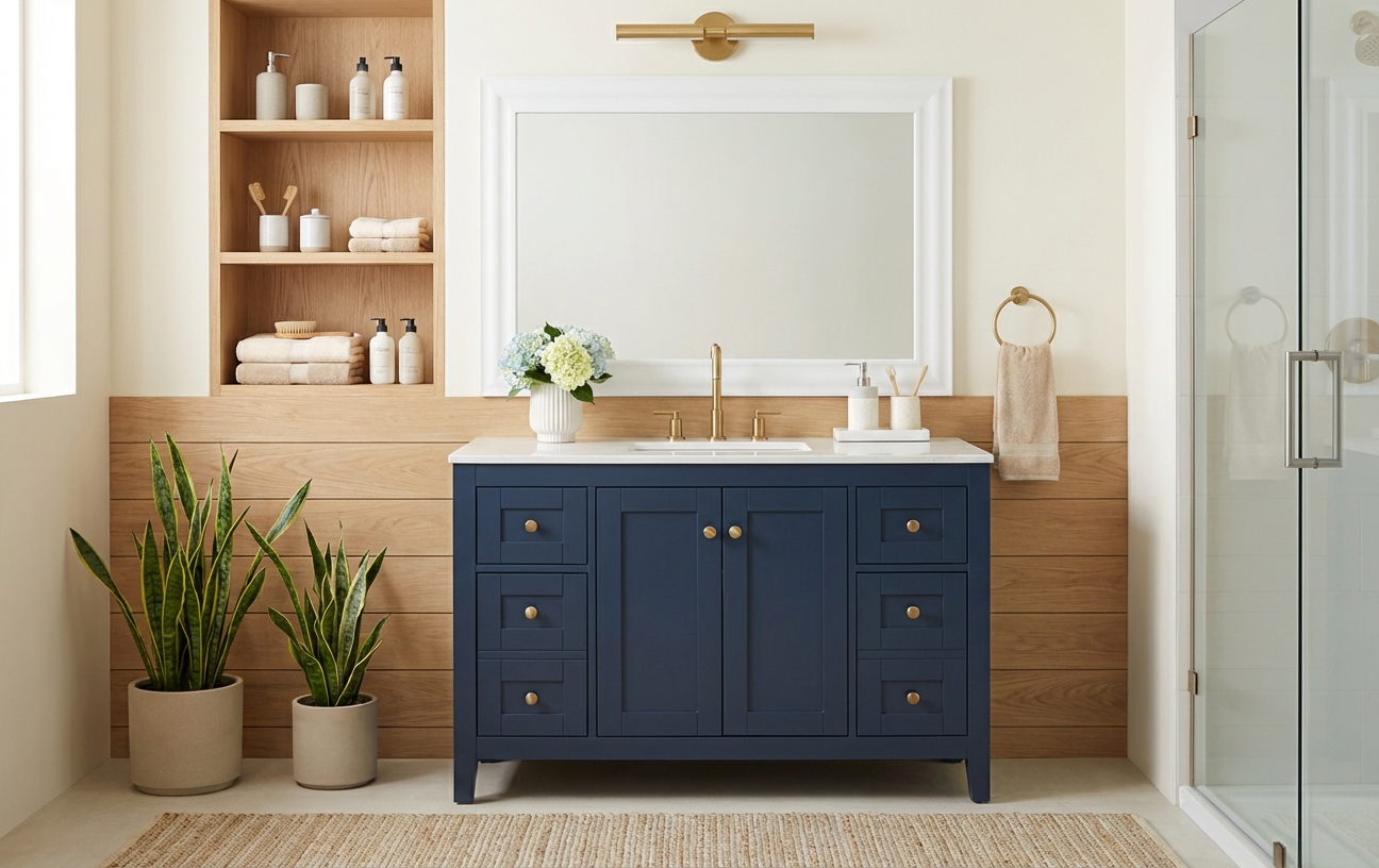 A navy blue bathroom vanity with gold fixtures sits against a wood-paneled wall with built-in shelving.