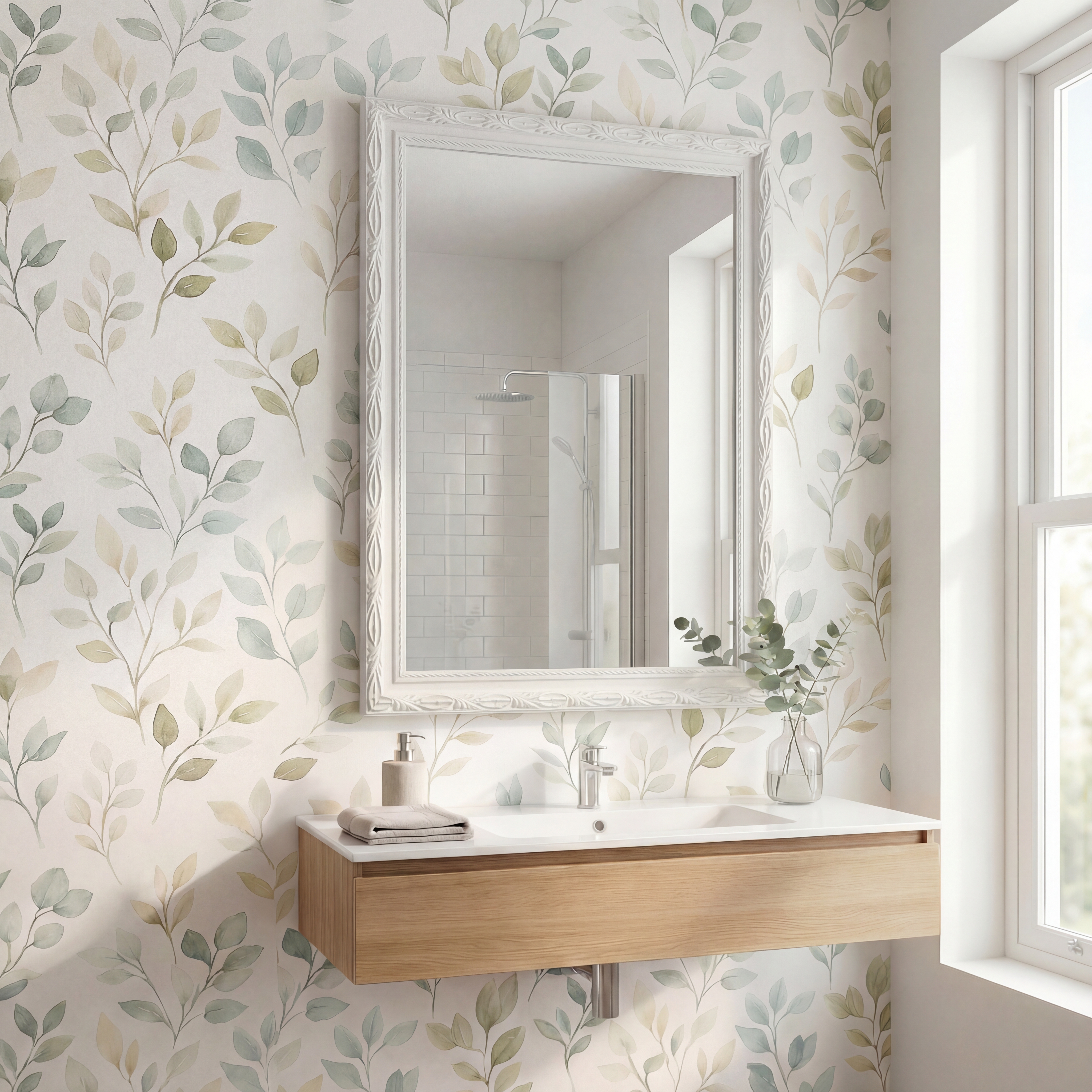A bathroom vanity with a sink and mirror against a wall with watercolor leaf-patterned wallpaper.