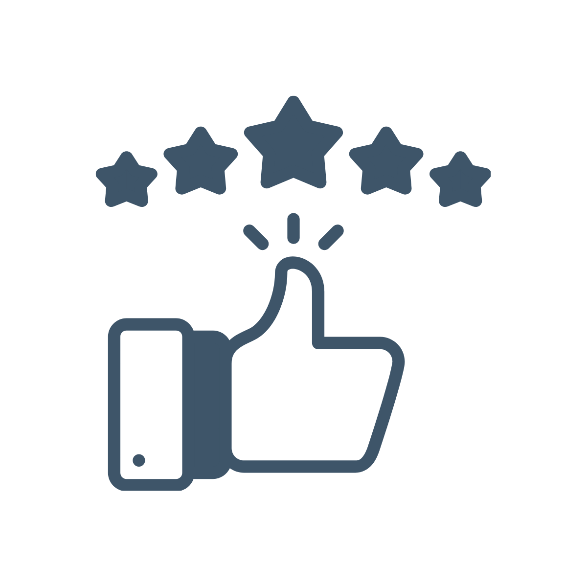 Thumbs up icon beneath five stars in a row.