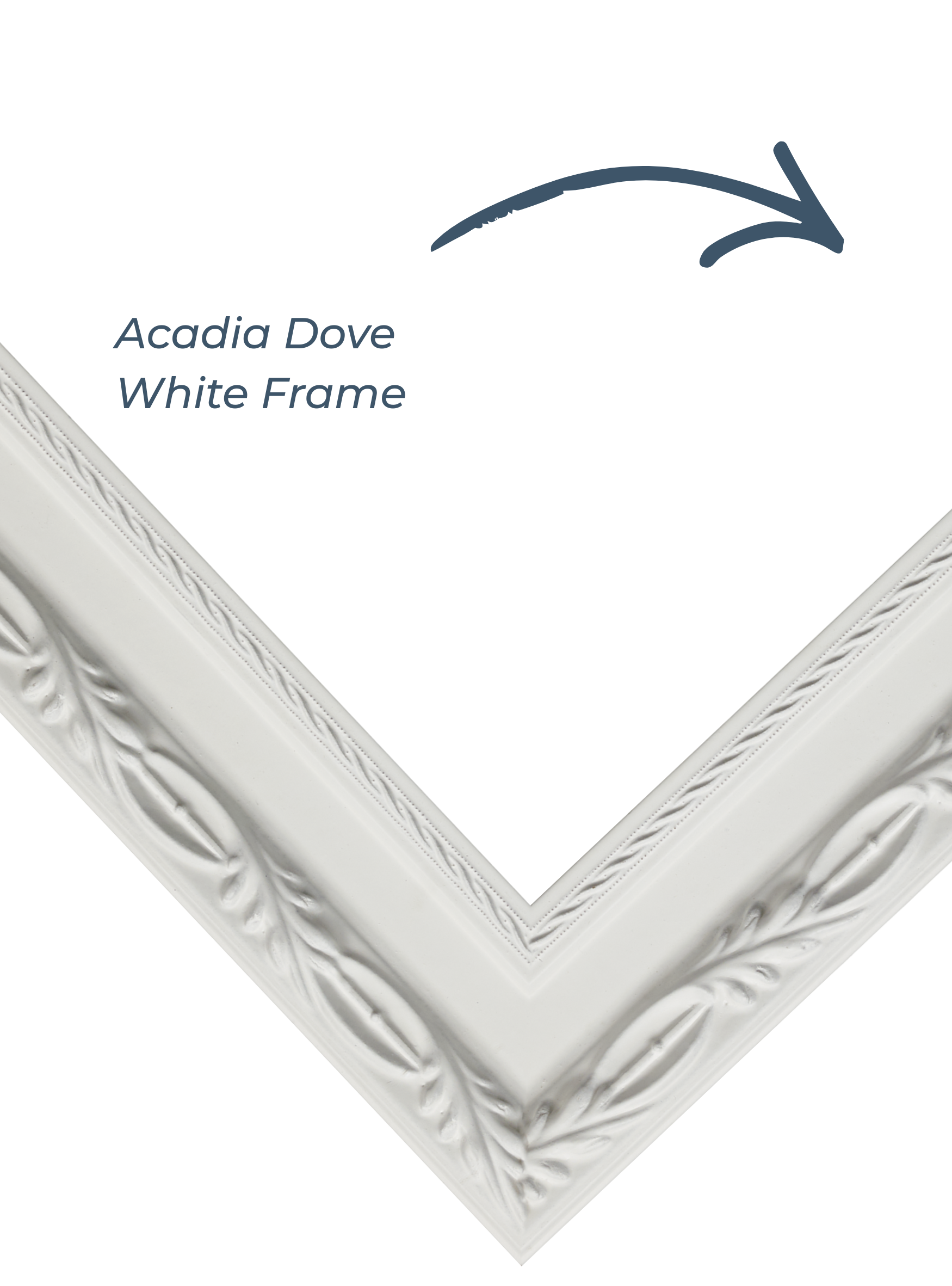 A close-up of the corner of an ornate white picture frame with a leaf design.