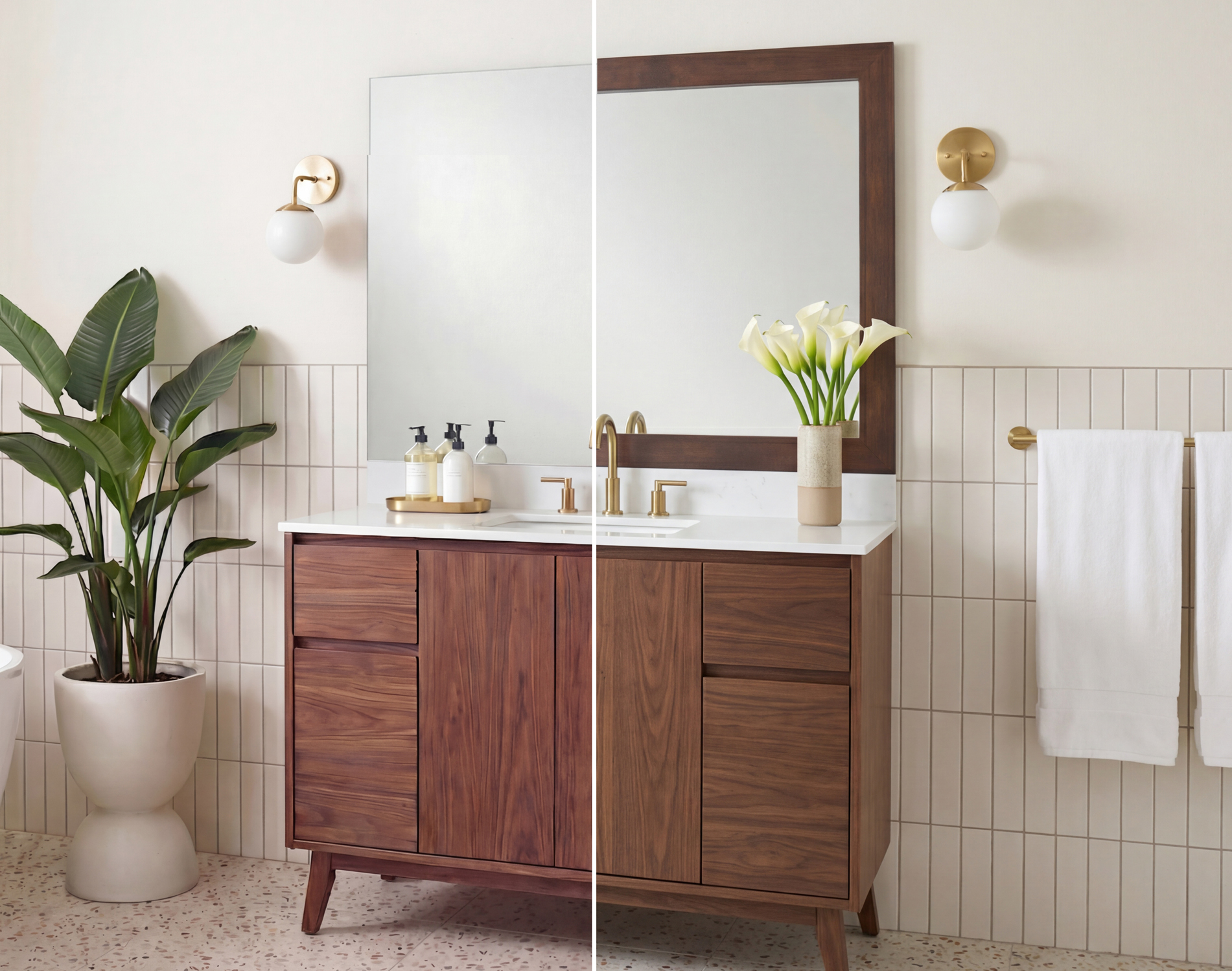 A split image comparing a wood bathroom vanity with a frameless mirror and a wood-framed mirror.