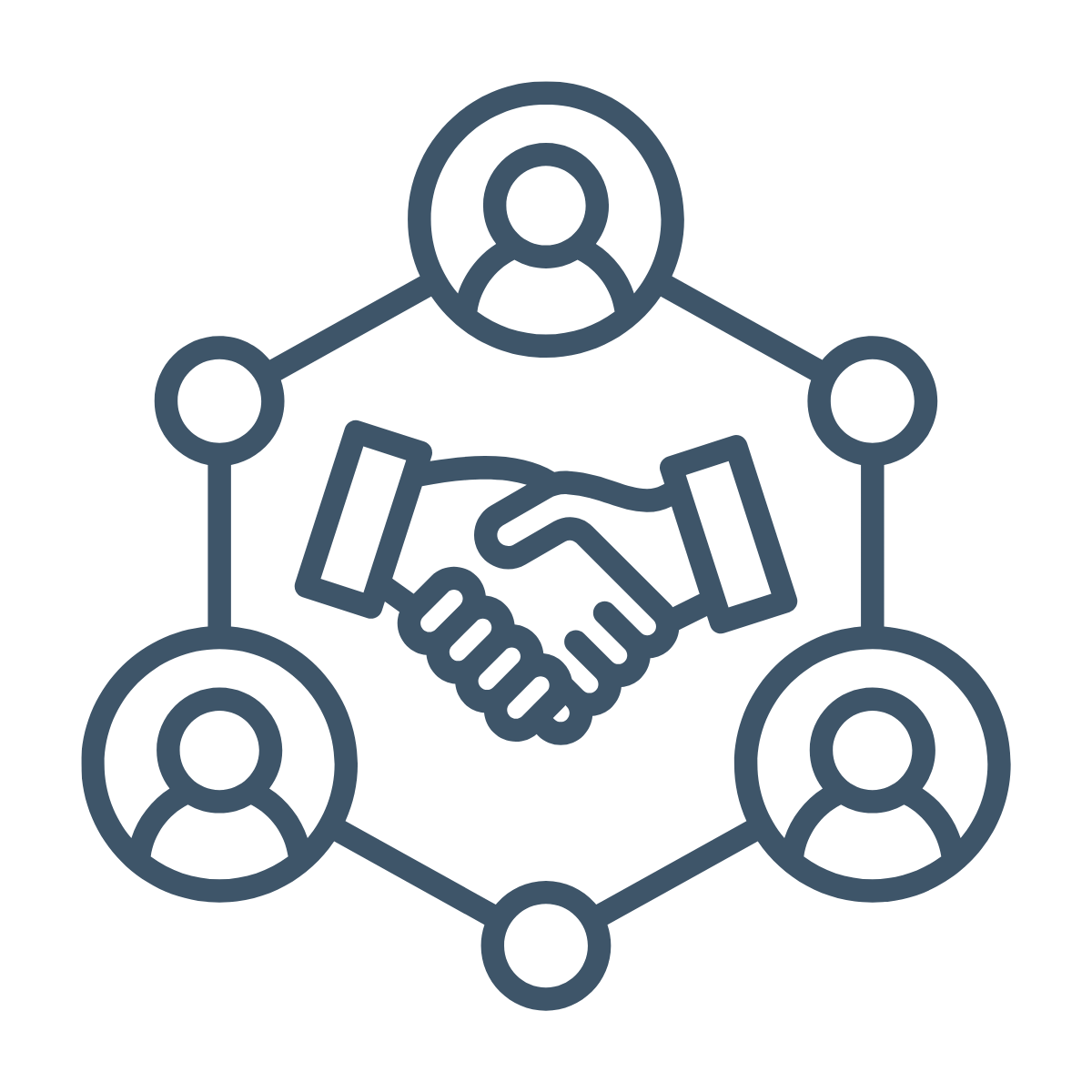 Line drawing of connected people icons with a central handshake symbol.
