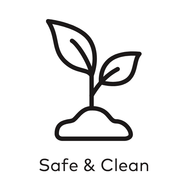 Outline of a plant with two leaves and text 'Safe & Clean' below.