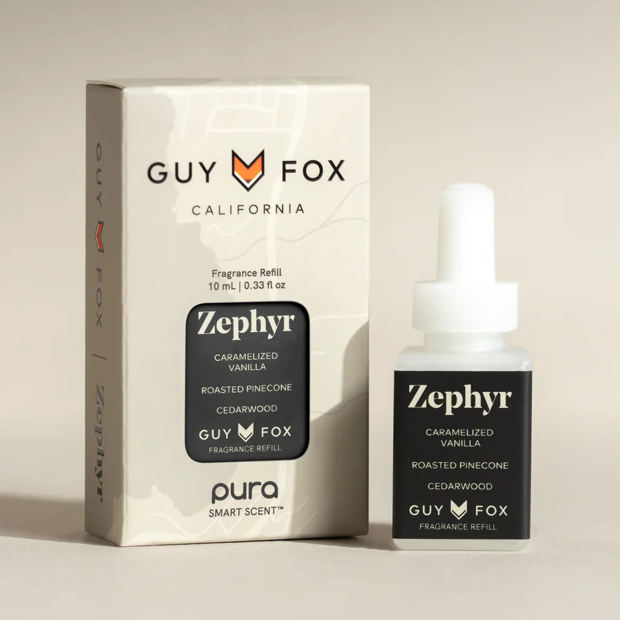 Guy Fox fragrance refill box and bottle labeled 'Zephyr' with scent details.